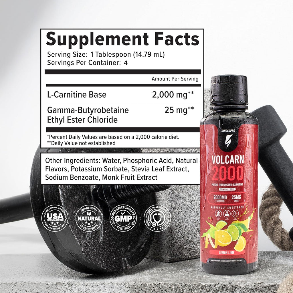 InnoSupps Volcarn 2000 - L-CARNITINE Advanced Energy Liquid | ATP Enhancer with GBEEC | Boosts Energy, Enhances Focus, Caffeine Free, No Artificial Sweeteners | 32 Servings (Lemon Lime)