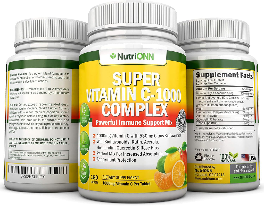 Super Vitamin C Complex - 1695Mg - 180 Tablets - With 530 mg Natural Citrus Bioflavonoids, Rose Hips, Rutin, Quercetin & Hesperidin For Increased Absorption - Advanced Immune Support - Non-GMO