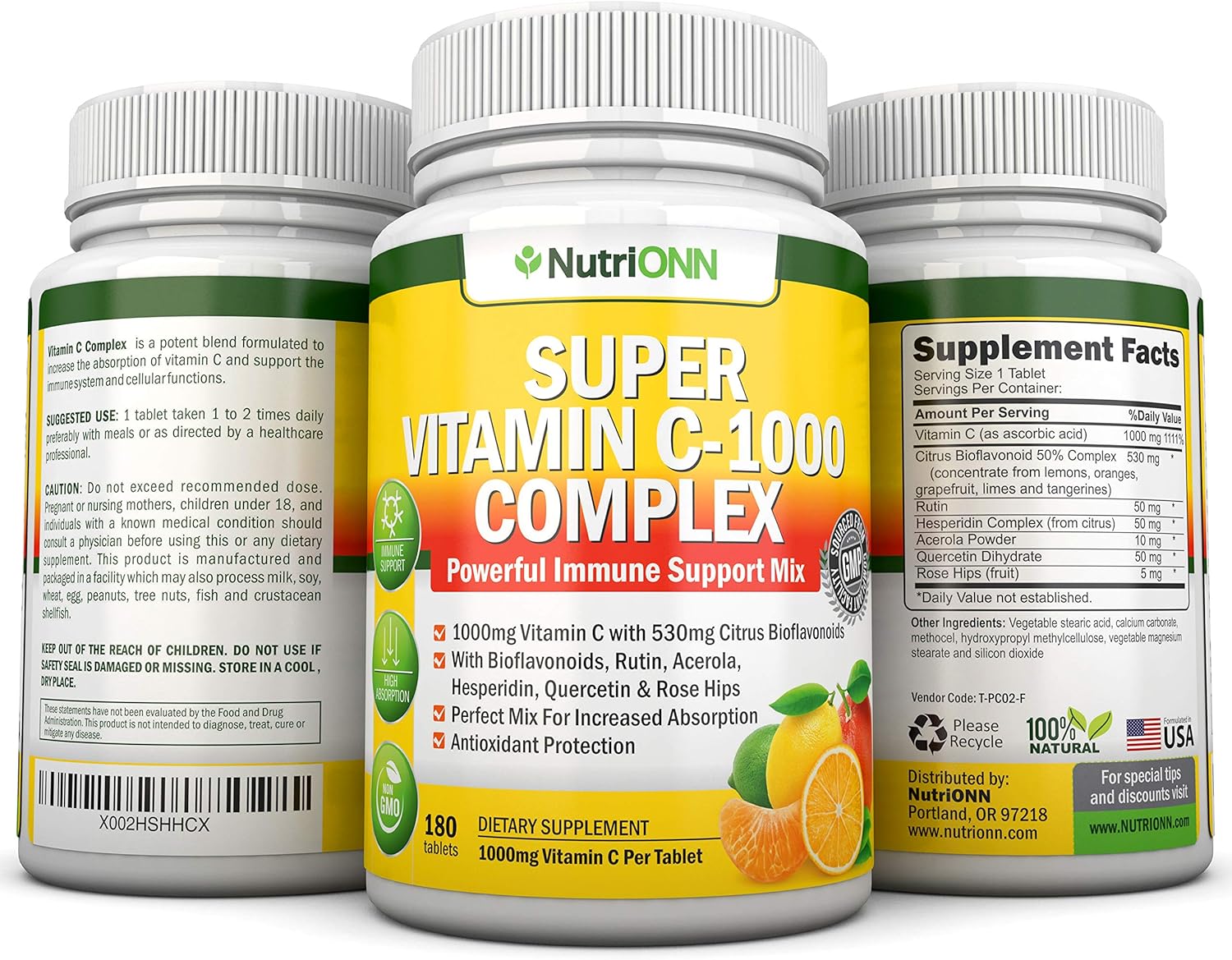 Super Vitamin C Complex - 1695Mg - 180 Tablets - With 530 mg Natural Citrus Bioflavonoids, Rose Hips, Rutin, Quercetin & Hesperidin For Increased Absorption - Advanced Immune Support - Non-GMO