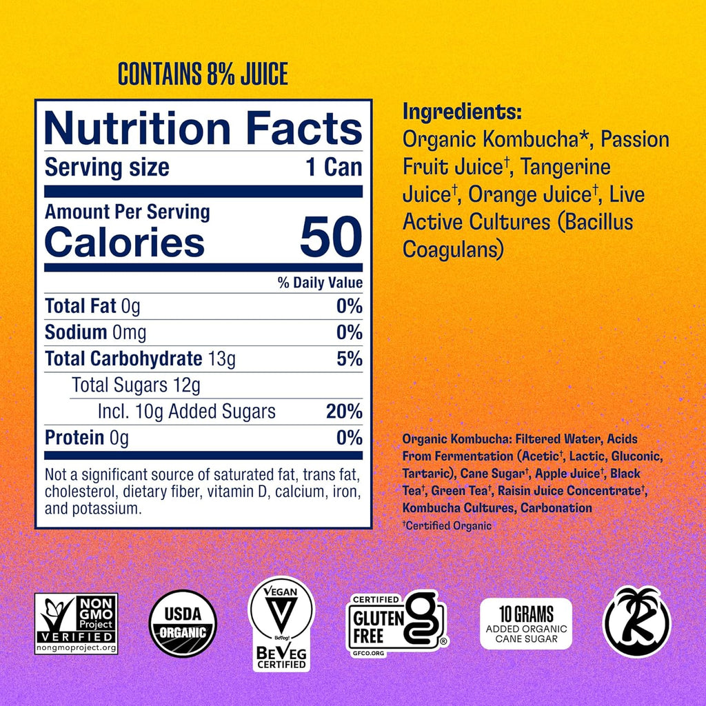 Health-Ade Passion Fruit-Tangerine Kombucha, Organic Drink, 12-Pack (11.5 Fl Oz Cans) – Fermented Tea with Probiotics, Non-GMO, Vegan, Gluten-Free