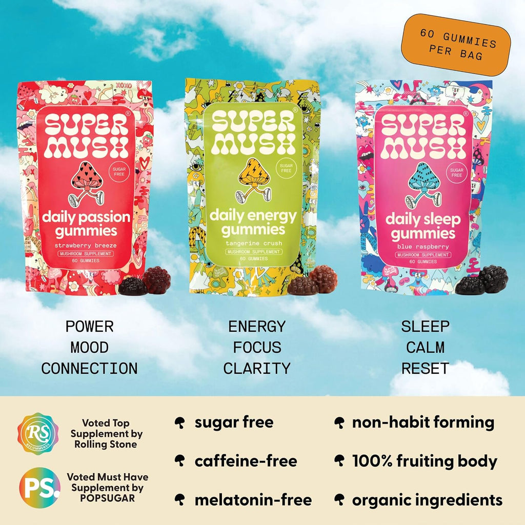 Daily Gummies (Trio Bundle) - Daily Passion, Energy, & Sleep - Mushroom Gummies - Natural, Organic, Vegan, & Sugar-Free Mushroom Supplement - Ashwagandha Supplements with Cordyceps