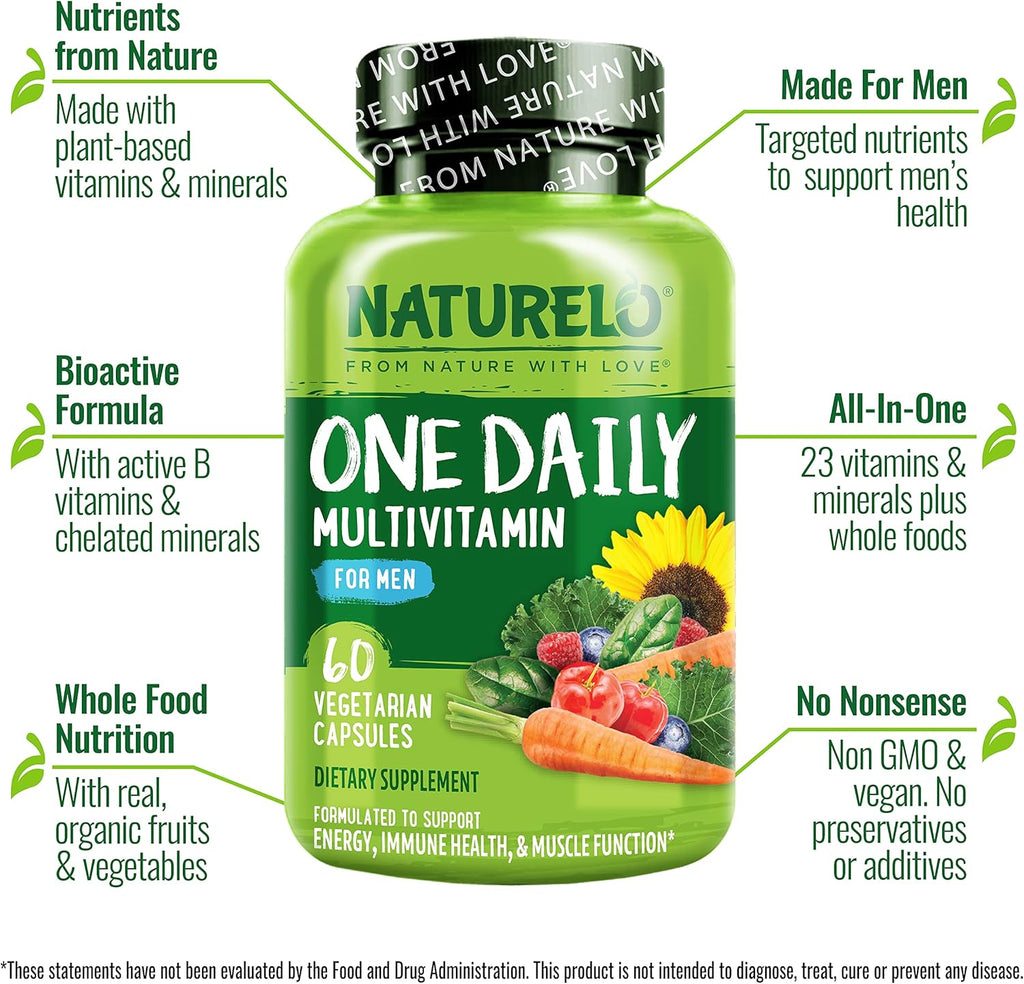 NATURELO Mens Multivitamins - One Daily Multivitamin for Men with Vitamins, Minerals & Organic Whole Foods, Boost Energy & Health, Non-GMO, 60 Vegetarian Capsules
