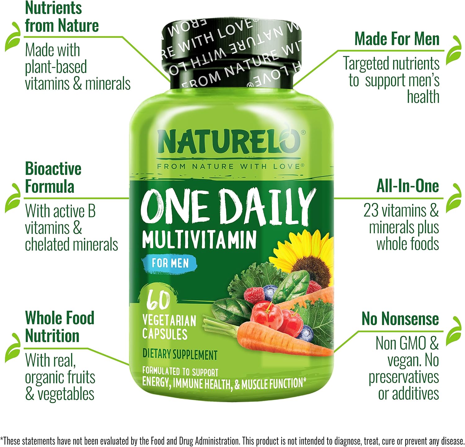NATURELO Mens Multivitamins - One Daily Multivitamin for Men with Vitamins, Minerals & Organic Whole Foods, Boost Energy & Health, Non-GMO, 60 Vegetarian Capsules