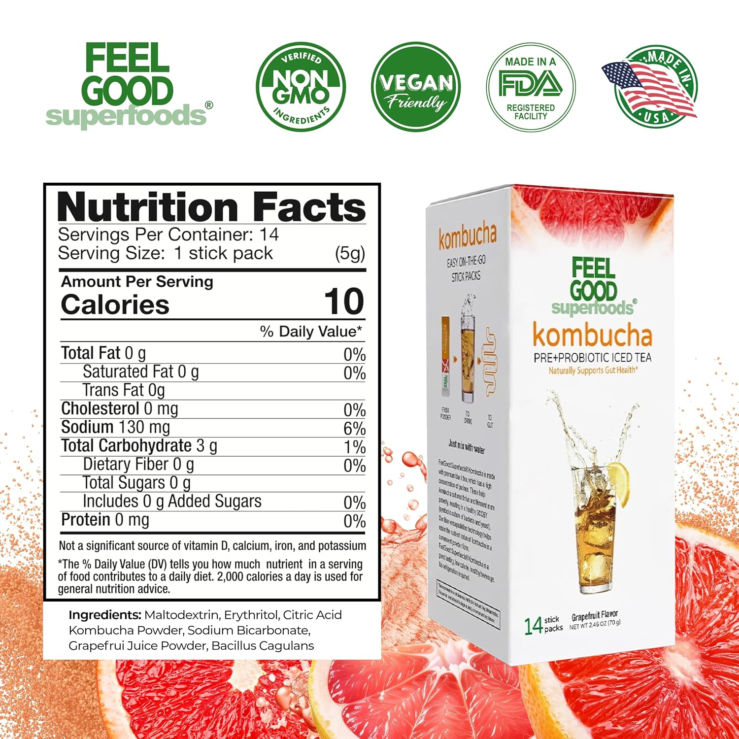 FeelGood Superfoods Kombucha Iced Tea Packets, Delicious Grapefruit Flavored Refreshing Instant Kombucha Powder Fizzy Drink, Probiotic Supplement for Gut Health, 14 pack