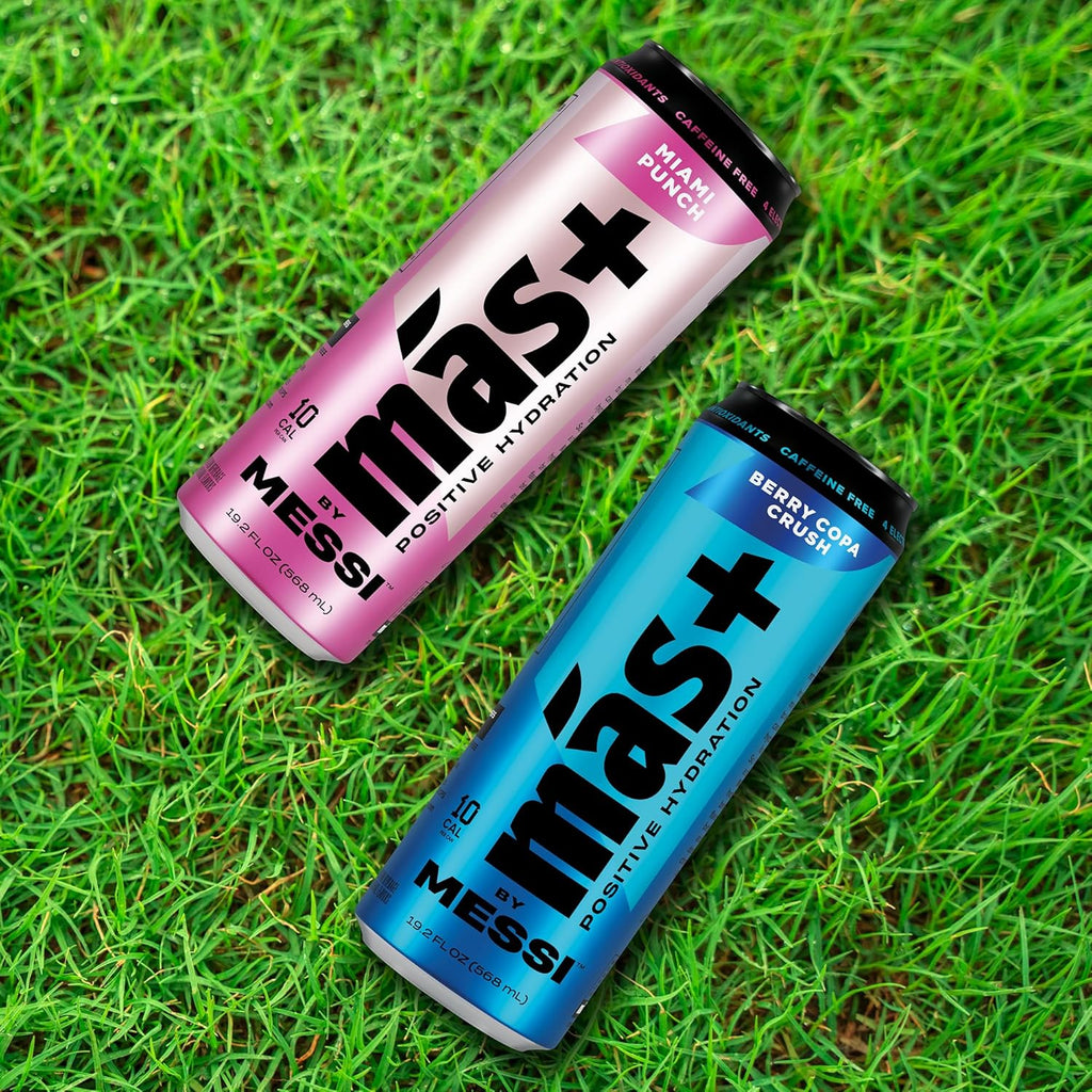 Más+ By Messi 19.2oz Miami Punch Sports Drink & Hydration Beverage, Natural Flavors with Vitamins and Electrolytes, No Artificial Sweeteners or Colors, 12-pack