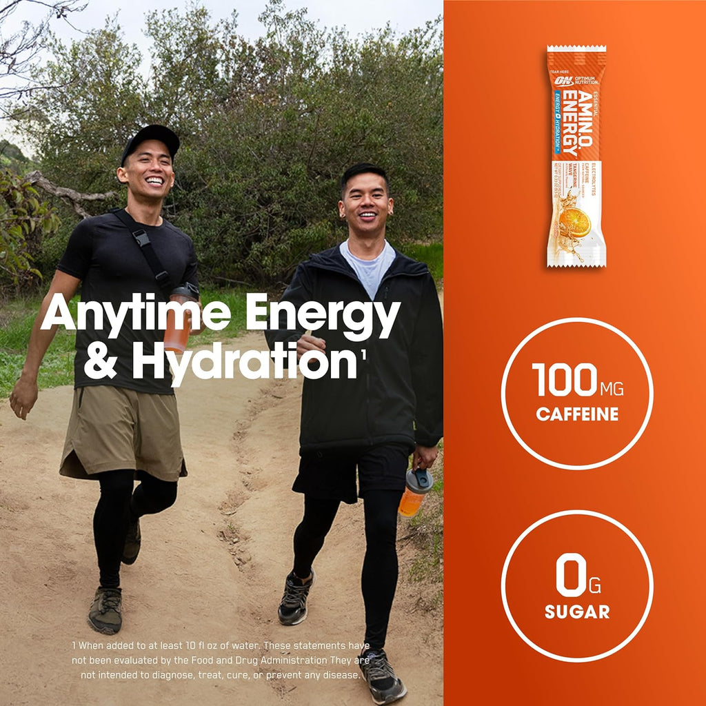 Optimum Nutrition Essential Amino Energy Plus Electrolytes Stick Packs, Energy Powder, Tangerine Wave, 7 Count