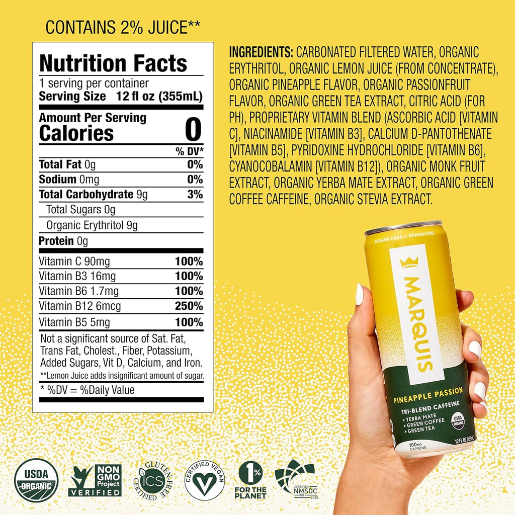 Marquis - Natural Energy Drink - Pineapple Passion - Sugar Free - 0 Calories - 100mg of Organic Plant Based Caffeine - Yerba Mate - Green Tea - Vitamin C & B Vitamins - Vegan - 12 oz Cans - 12 Pack