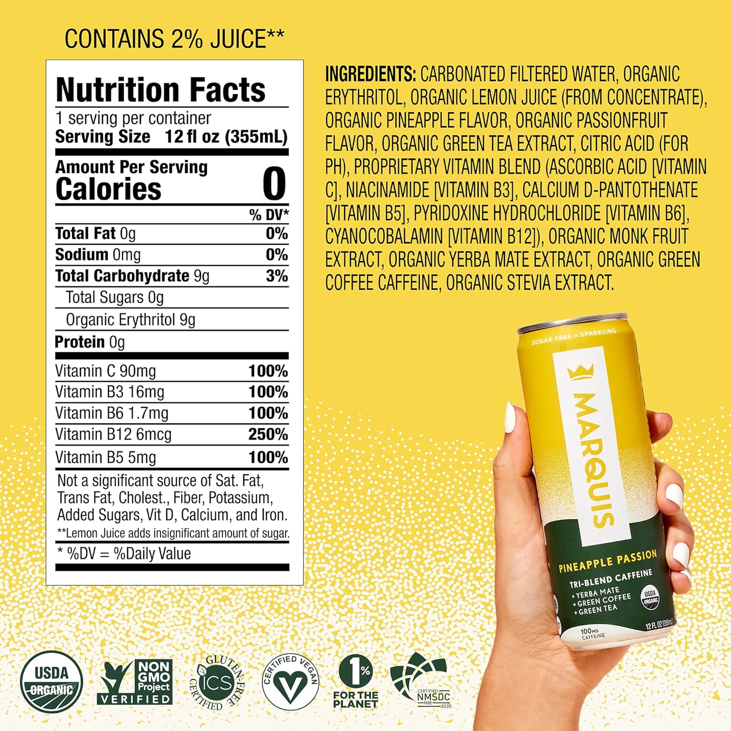Marquis - Natural Energy Drink - Pineapple Passion - Sugar Free - 0 Calories - 100mg of Organic Plant Based Caffeine - Yerba Mate - Green Tea - Vitamin C & B Vitamins - Vegan - 12 oz Cans - 12 Pack