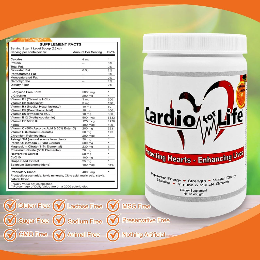 Cardio for Life L-Arginine Powder 16oz - Natural Nitric Oxide Supplement Cardiovascular Increase Energy - Orange