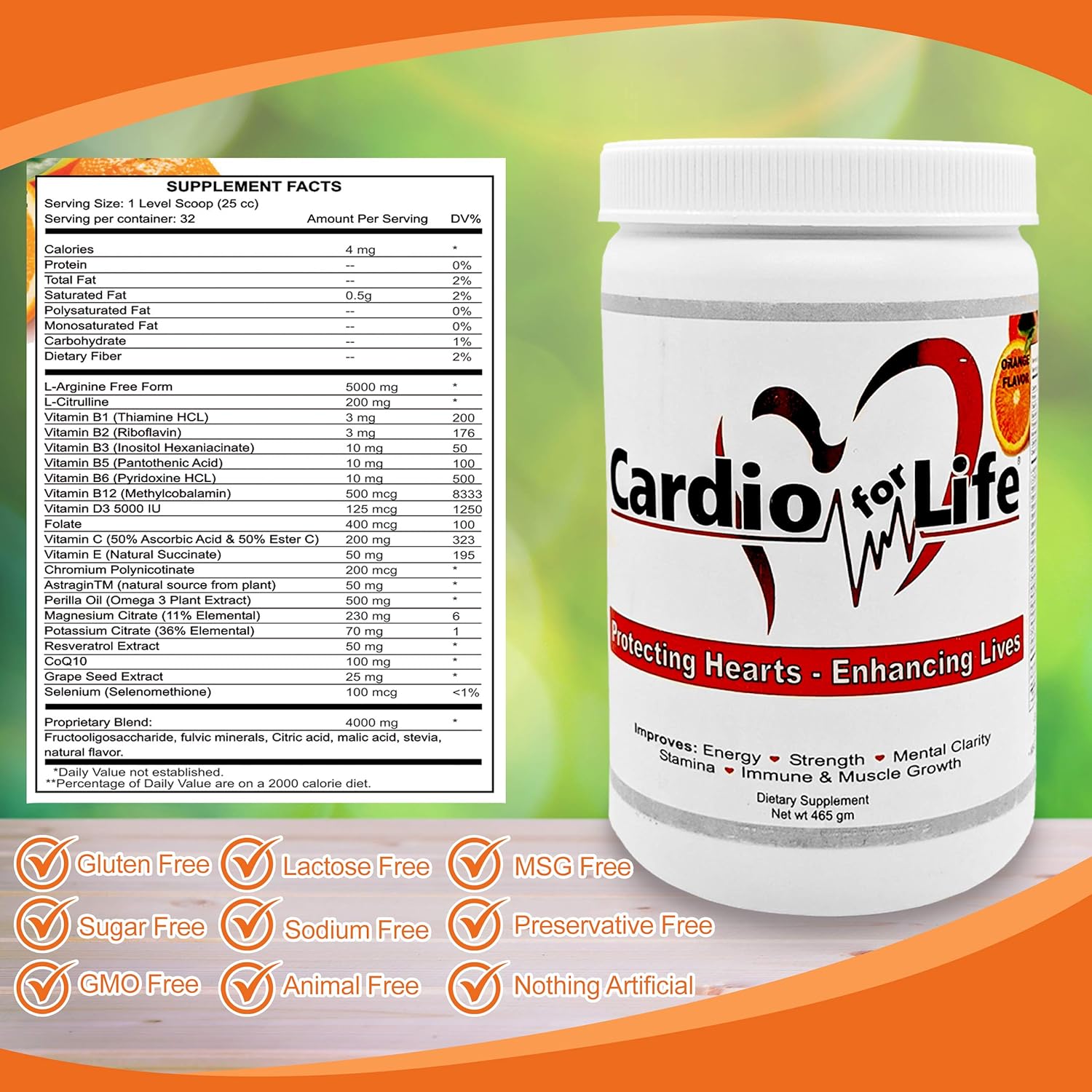 Cardio for Life L-Arginine Powder 16oz - Natural Nitric Oxide Supplement Cardiovascular Increase Energy - Orange