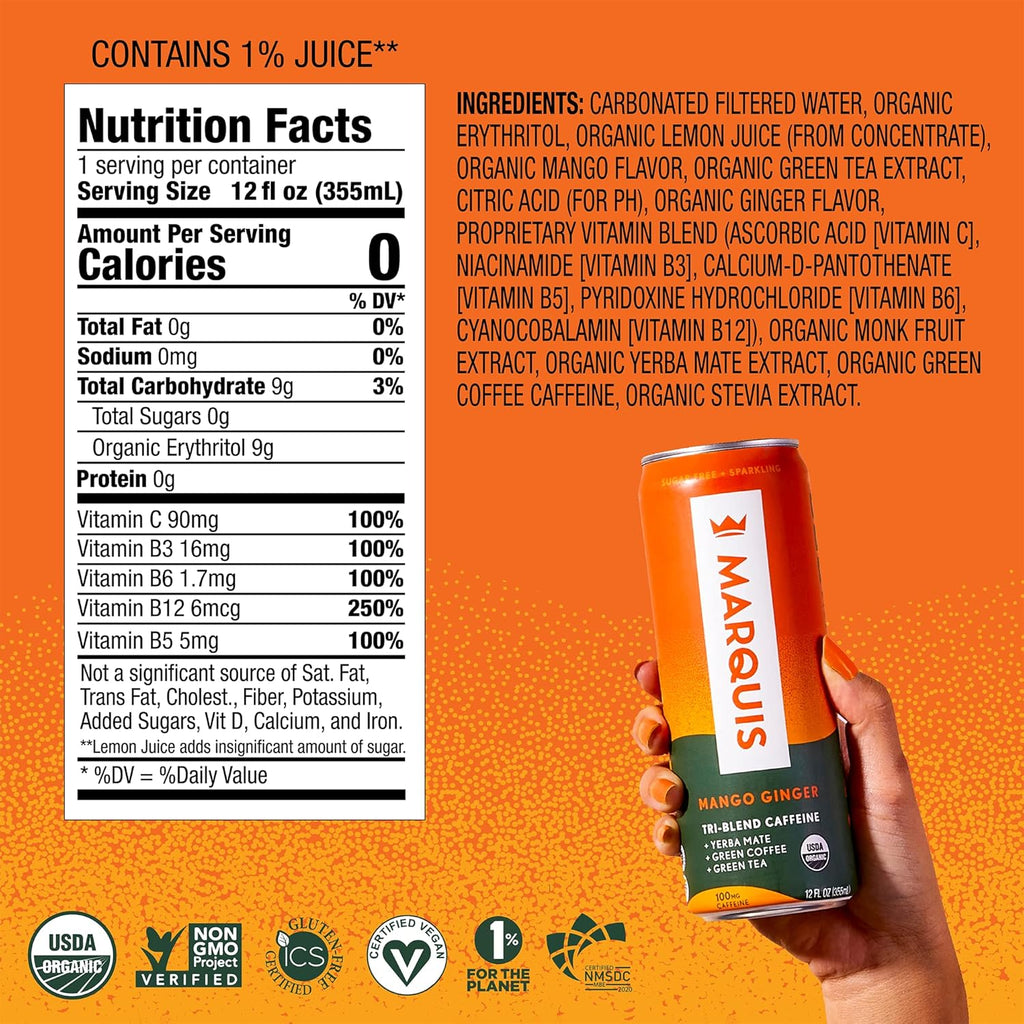Marquis - Natural Energy Drink - Mango Ginger - Sugar Free - 0 Calories - 100mg of Organic Plant Based Caffeine - Yerba Mate - Green Tea - Vitamin C & B Vitamins - Vegan - 12 oz Cans - 12 Pack