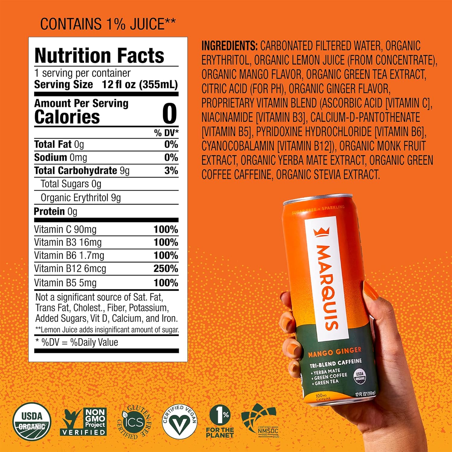 Marquis - Natural Energy Drink - Mango Ginger - Sugar Free - 0 Calories - 100mg of Organic Plant Based Caffeine - Yerba Mate - Green Tea - Vitamin C & B Vitamins - Vegan - 12 oz Cans - 12 Pack
