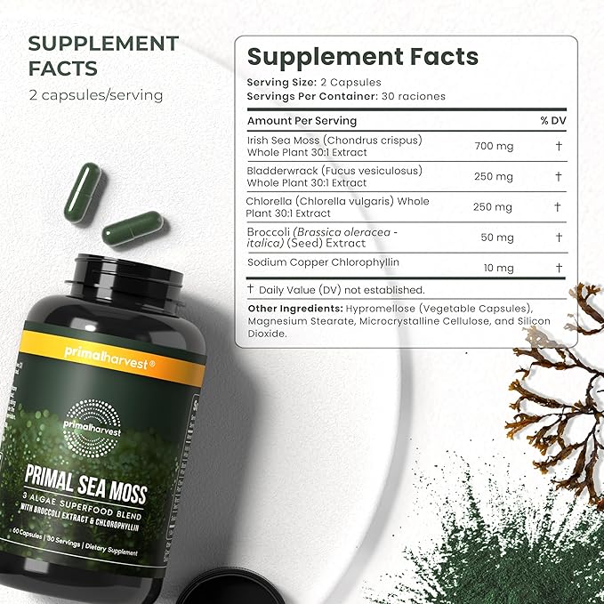 Primal Harvest Sea Moss Capsules with Bladderwack and Irish Sea Moss, Chlorella, Broccoli Seed Extract Plant-Based Supplements for Adults