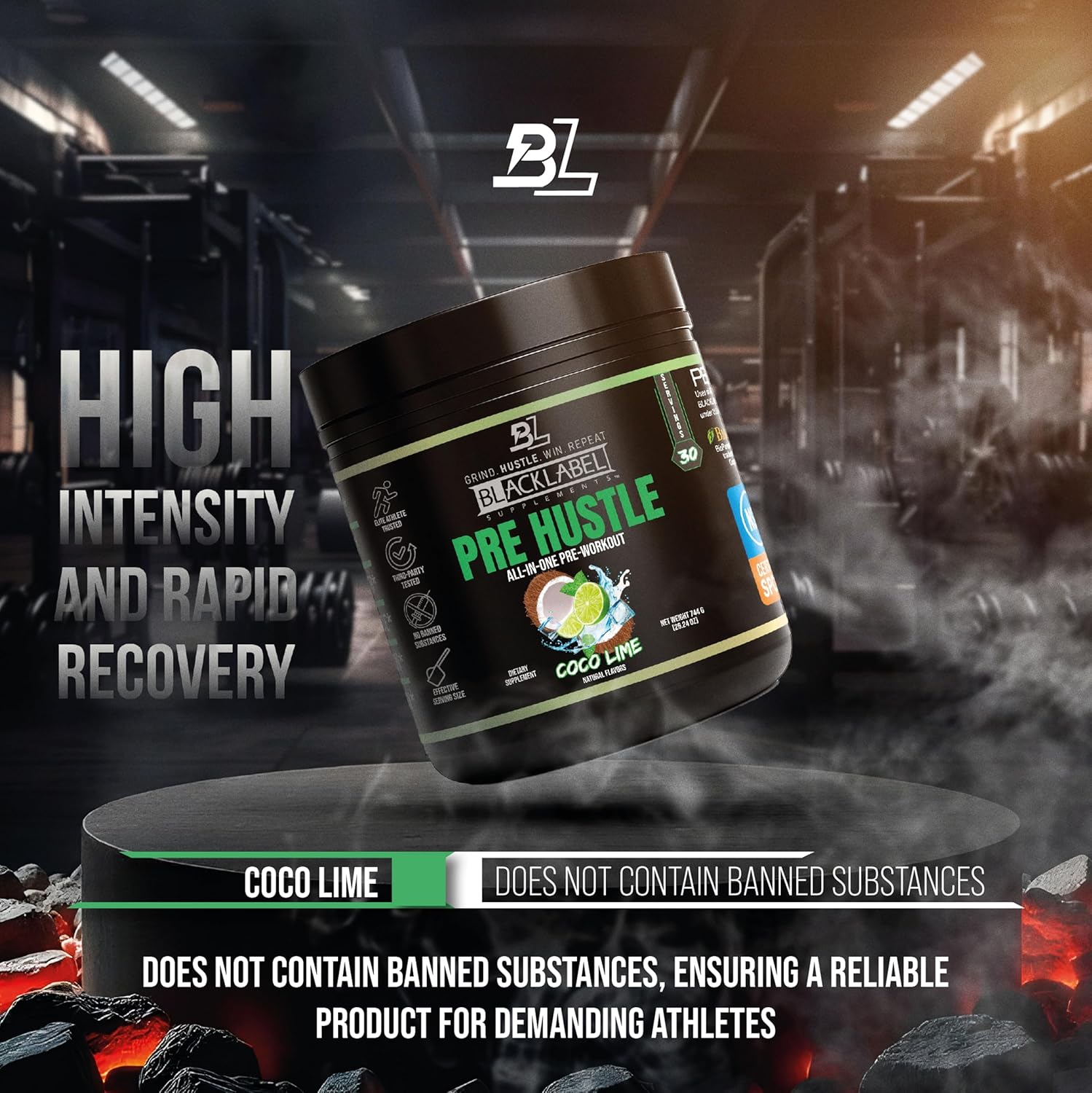 BLACKLABEL Supplements PRE Hustle V3 Pre-Workout Powder – NSF Certified for Sport – Energy, Strength & Endurance Support – Coconut Lime Flavor – with Creatine & Caffeine – 30 Servings