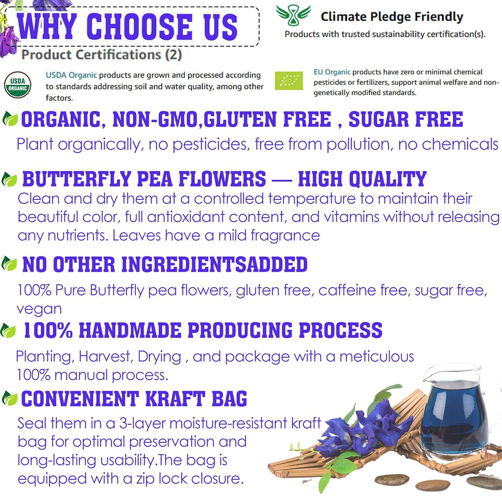 KEYXE - Organic Butterfly Pea Flowers Tea Bags, 100% CERTIFIED Organic and Pure from Butterfly Pea Flower Dried, Herbal Flower Tea for Relaxation, Mocktails, and Natural Food Coloring, Caffeine-Free, Sugar-Free, Non-GMO- ( 30 teabags )