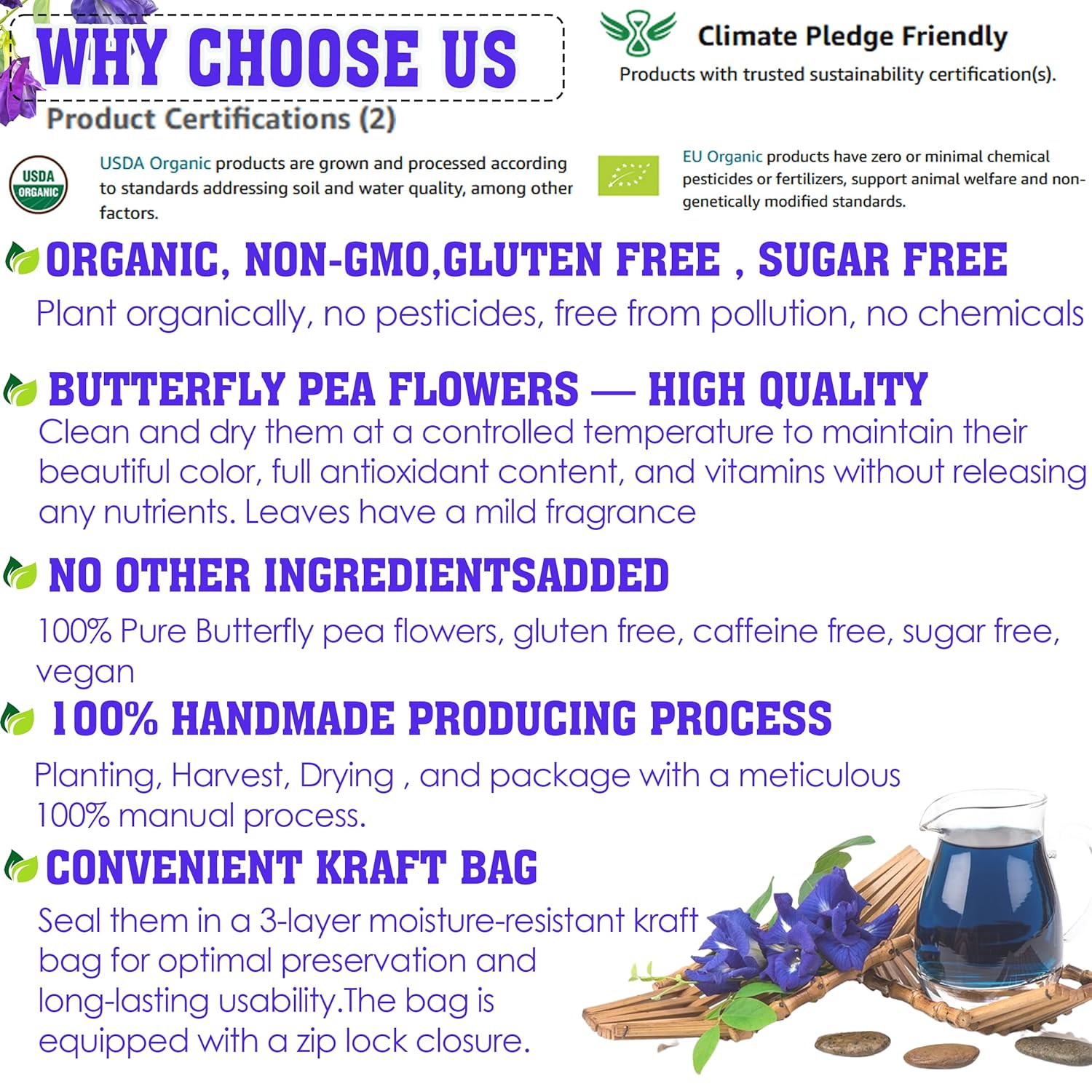 KEYXE - Organic Butterfly Pea Flowers Tea Bags, 100% CERTIFIED Organic and Pure from Butterfly Pea Flower Dried, Herbal Flower Tea for Relaxation, Mocktails, and Natural Food Coloring, Caffeine-Free, Sugar-Free, Non-GMO- ( 30 teabags )