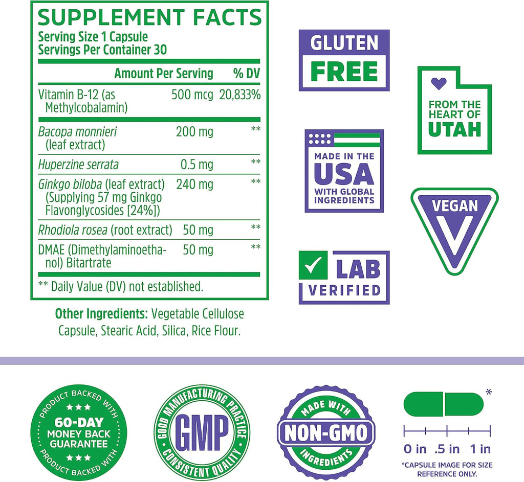Zhou Neuro-Peak - Brain Supplements for Memory and Focus, Nootropic for Men & Women, Brain Support Pill for Adults, Brain Vitamins - 30 Veggie Capsules (Pack of 1)