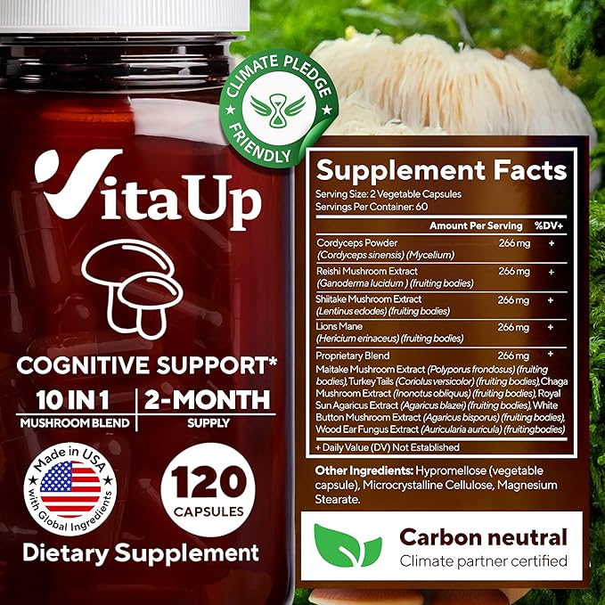 Lions Mane Supplement Capsules - USA Made 10 in 1 Mushroom Supplement - Mushroom Complex with Lions Mane, Cordyceps, Turkey Tail, Reishi, Shiitake for Cognitive & Immune Support - 120 Count