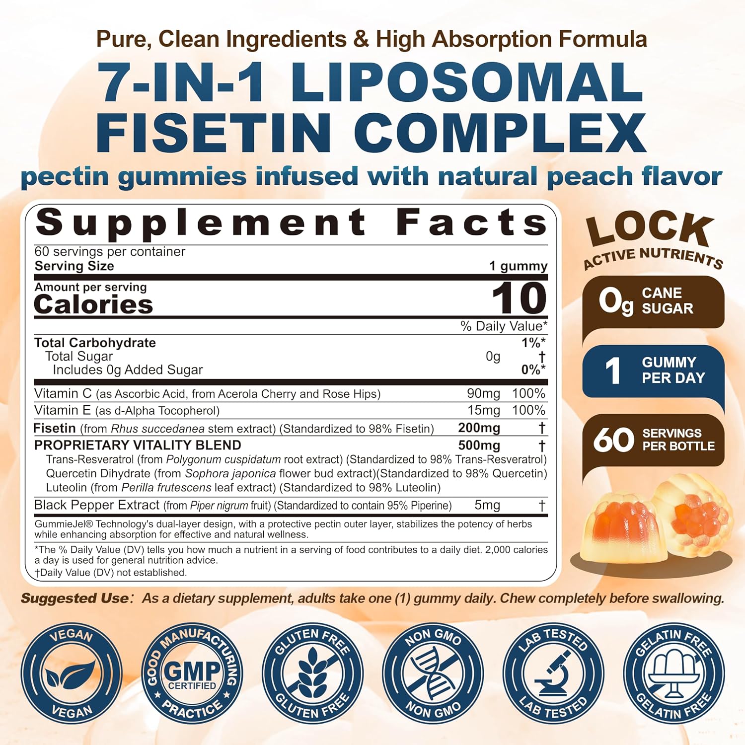 Liposomal Fisetin 200mg & Resveratrol Complex 500mg Liquid Gummies - Longevity & Cell Renewal Support - 98% High Purity Fisetin,Trans-Resveratrol Quercetin Luteolin with Vitamins C & E, 1-A-Day, 60Cts