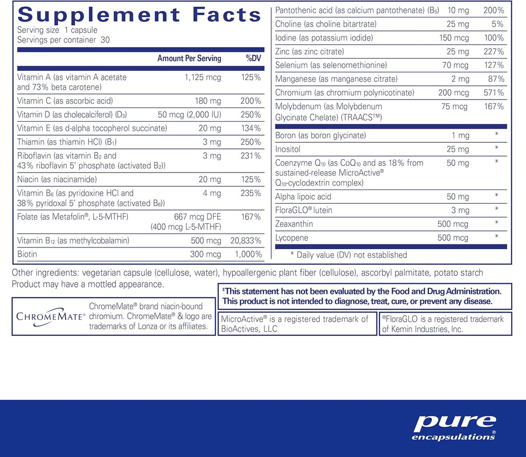 Pure Encapsulations O.N.E. Multivitamin - Once Daily Multivitamin with Antioxidant Complex Metafolin, CoQ10, and Lutein to Support Vision, Cognitive Function, and Cellular Health* - 30 Capsules
