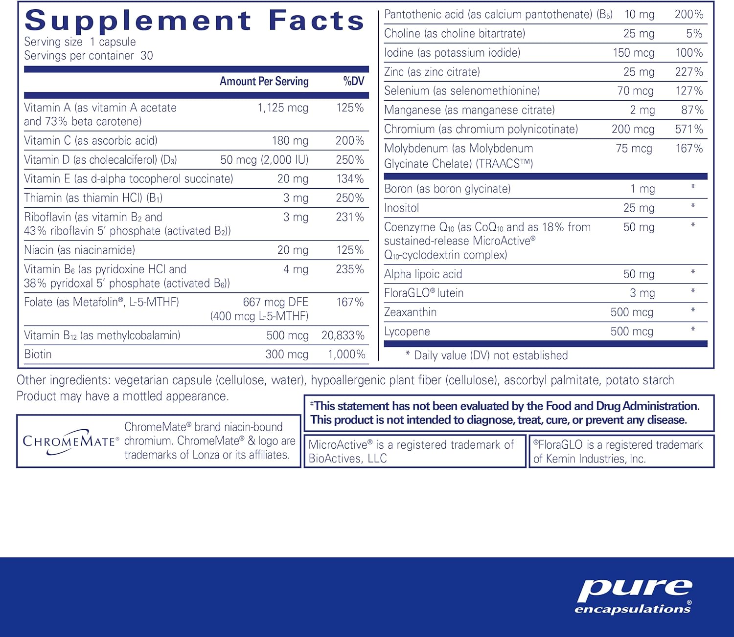 Pure Encapsulations O.N.E. Multivitamin - Once Daily Multivitamin with Antioxidant Complex Metafolin, CoQ10, and Lutein to Support Vision, Cognitive Function, and Cellular Health* - 30 Capsules