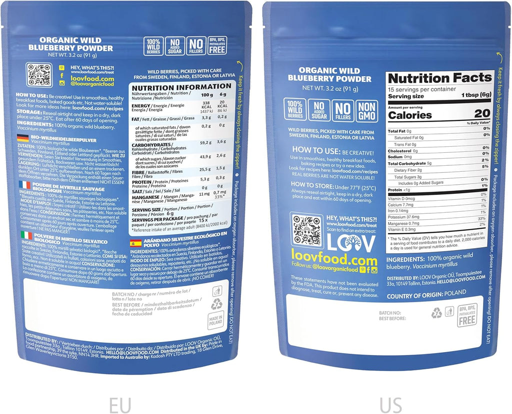 LOOV Organic Wild Blueberry Powder - 15-Day Supply, 3.2 Oz, Good for Smoothie & Breakfast, Freeze-Dried, from Northern Europe, No Added Sugar