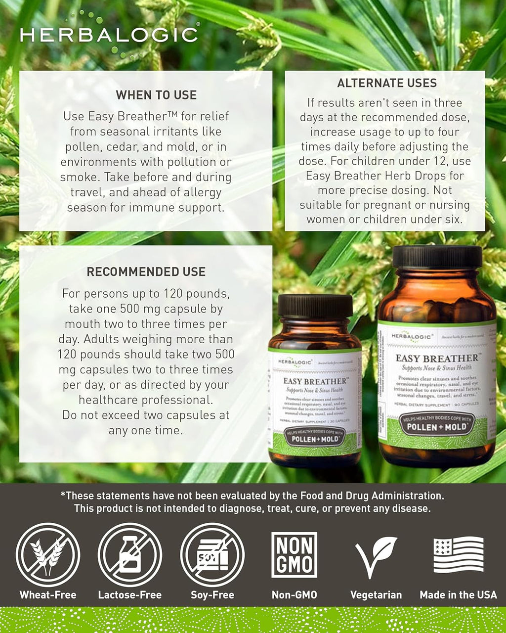 Herbalogic - Easy Breather Herb Capsules - Supports Nose & Sinus Health - Helps Healthy Bodies Cope with Pollen & Mold - Based on The Traditional Chinese Formula Yu Ping Fang San - 90 Cap Count