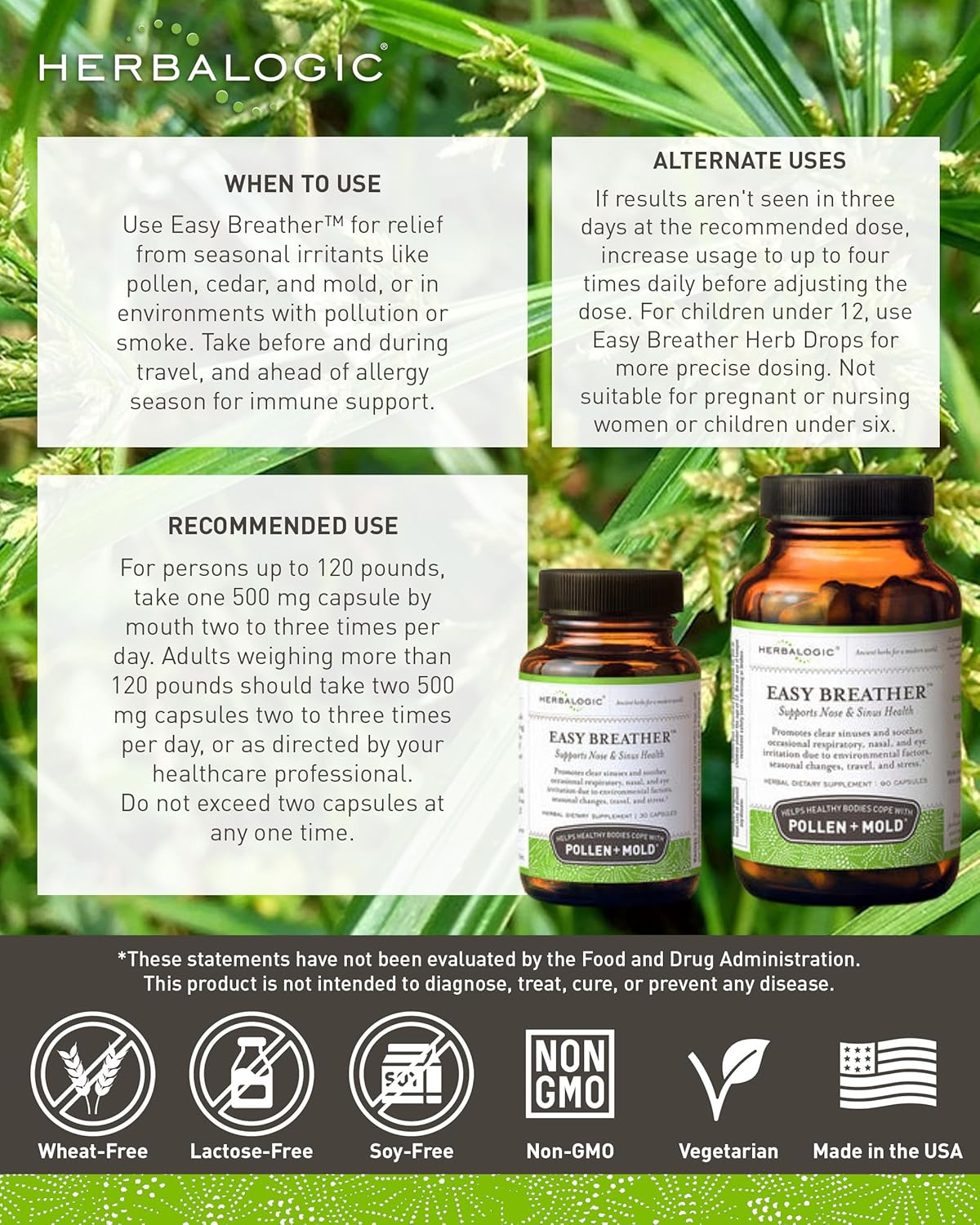 Herbalogic - Easy Breather Herb Capsules - Supports Nose & Sinus Health - Helps Healthy Bodies Cope with Pollen & Mold - Based on The Traditional Chinese Formula Yu Ping Fang San - 90 Cap Count