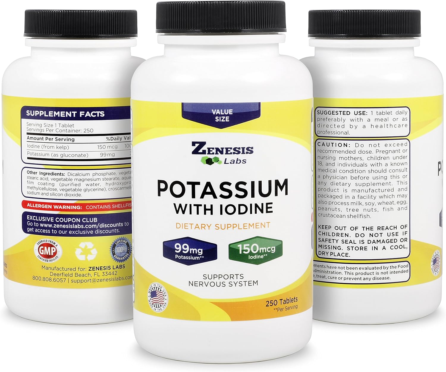 Potassium Gluconate 99mg + 150mcg Iodine from Kelp Bulk (250 Tablets/Bottle)
