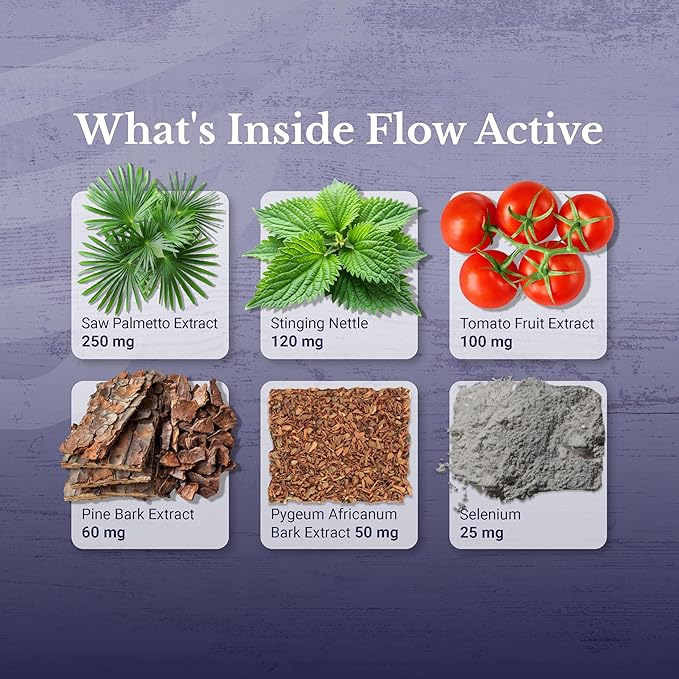 Flow Active - Prostate Health Supplements for Men - Bladder & Prostate Support Vitamins - with Saw Palmetto, Selenium, Stinging Nettle, Pygeum & Pine Bark Extract - 30 Capsules