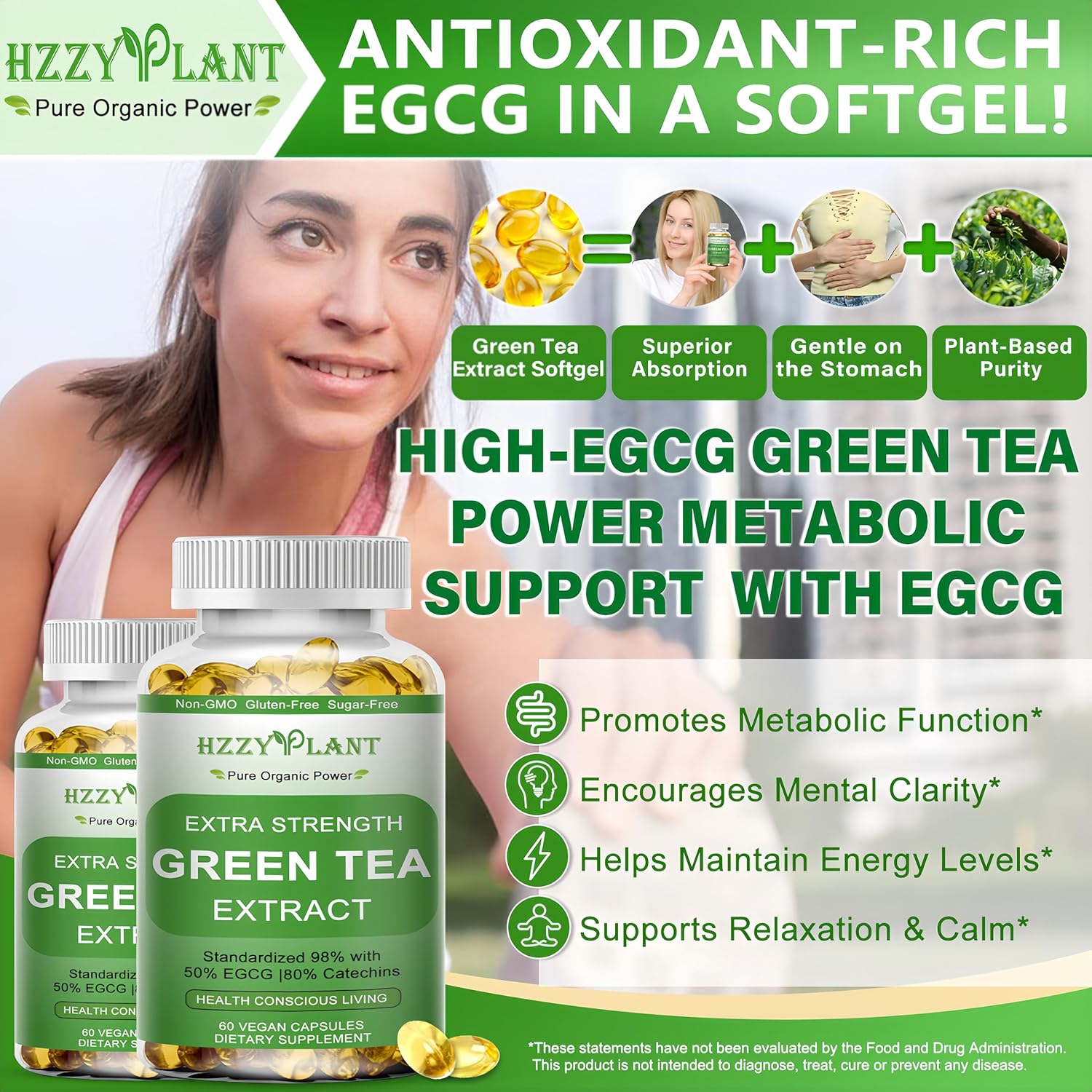 Green Tea Extract Softgels, High Absorption Green Tea Softgel Capsules for Energy Metabolism Antioxidant Immune Skin Heart Support, Herbal Supplement 50% EGCG for Men & Women,Non-GMO,2 Month Supply