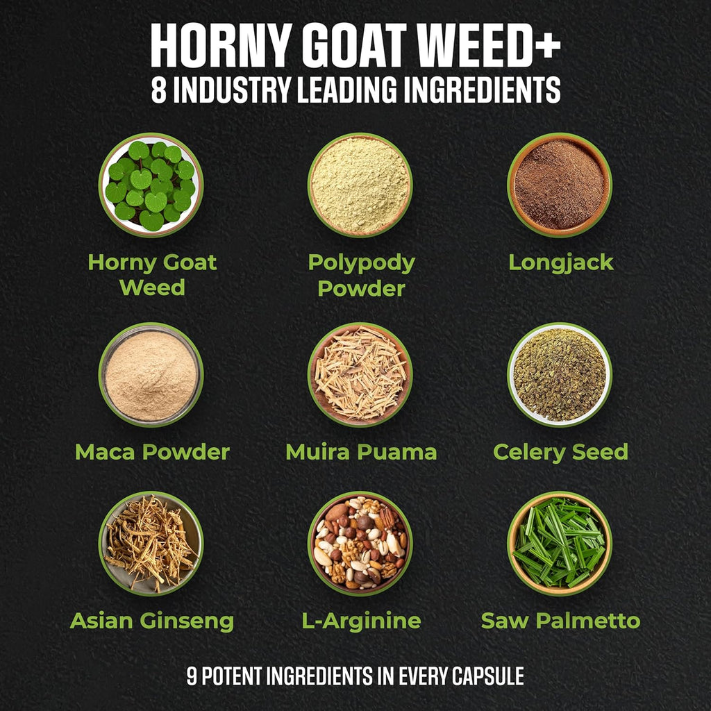 Male Horny Goat Weed PLUS 8 Ingredients - Performance Pills for Men w/ Fast Acting Blood Flow to Boost Energy, Gain Muscle, Assist Circulation | 9 Smart Ingredients | 3rd Party Tested - 60 Capsules