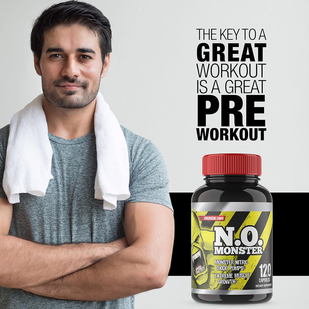 N.O. Monster Nitric Oxide Booster with L-Arginine – Extreme Pumps for Strength, Muscle Growth, Pre-Workout Support – Boost Energy, Stamina & Endurance – 120 Capsules, Made in The USA
