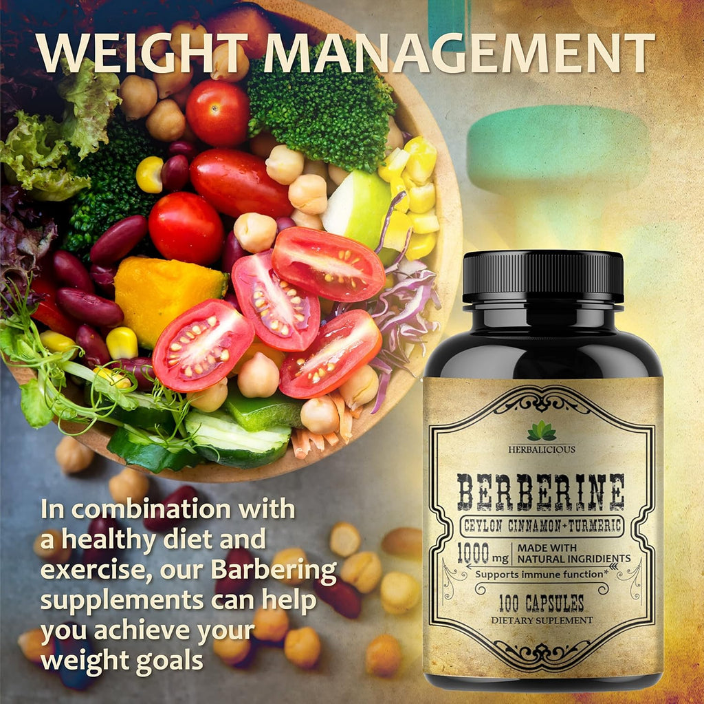 Berberine Capsules Ceylon Cinnamon & Turmeric - Berberine HCL Dietary Supplement for Men and Women – Non GMO Berberine 1000mg – Ideal for Immune Support, Heart, Cholesterol Level