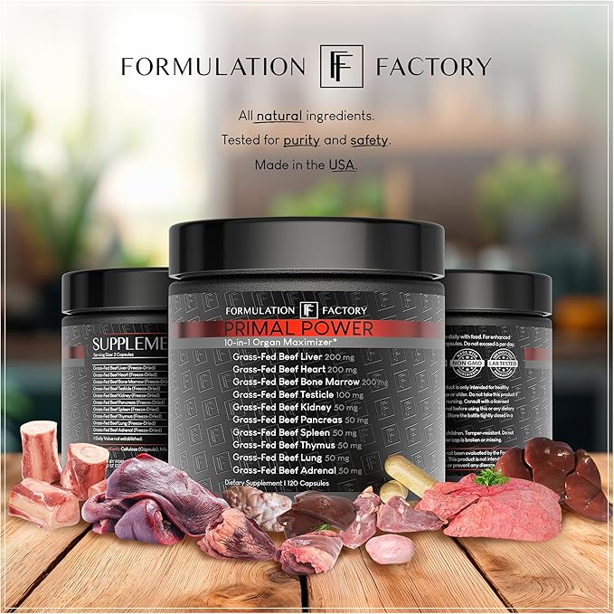 Formulation Factory Primal Power 10-in-1 Grass-Fed Organ Supplement with Beef Liver, Heart, Marrow, Testicle, Kidney, Supports Vitality, Hormones, Energy, Immunity (6 Month Supply, 360 Capsules)