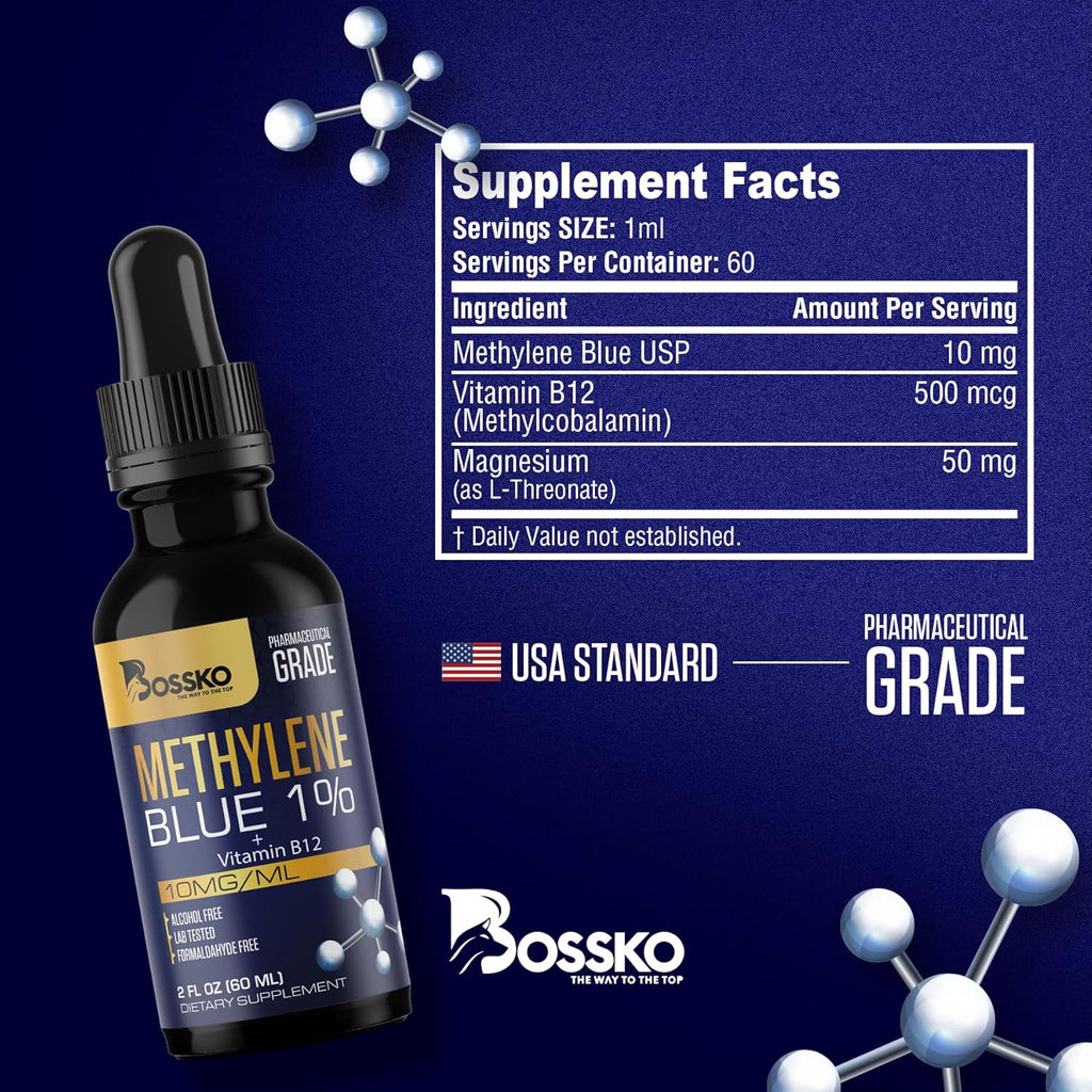 Bossko Methylene Blue 1% Solution 99.99% Pure Pharmaceutical Grade with B12 & Magnesium | Brain & Cellular Support | Third-Party Tested Dietary Supplement Drops Made in USA 60ml