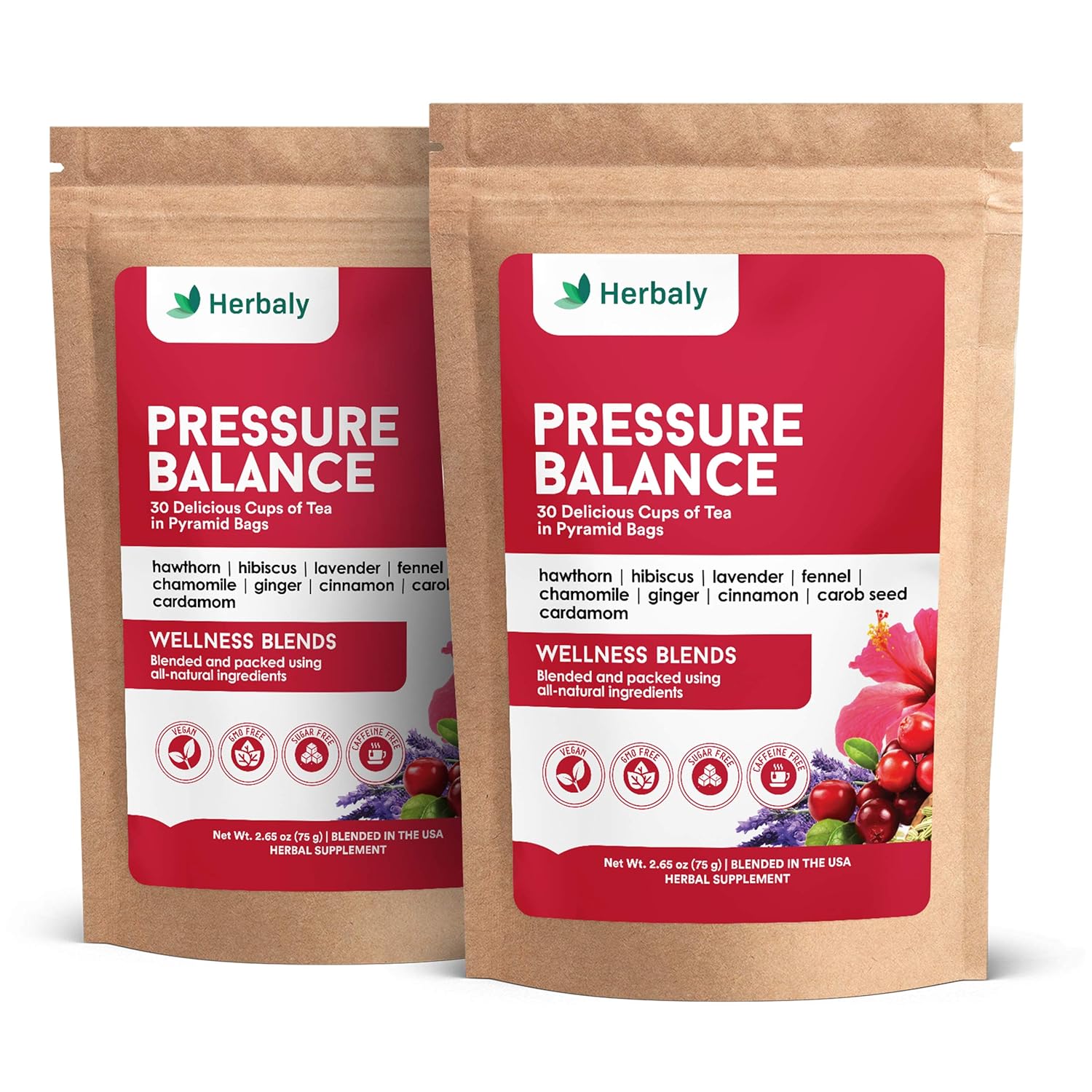 Herbaly Heart Functional Tea - 9 Superherbs - Natural, Organic, Non-GMO, Caffeine-Free, Sugar Free - 2 Pack, 60 Pyramid Tea Bags