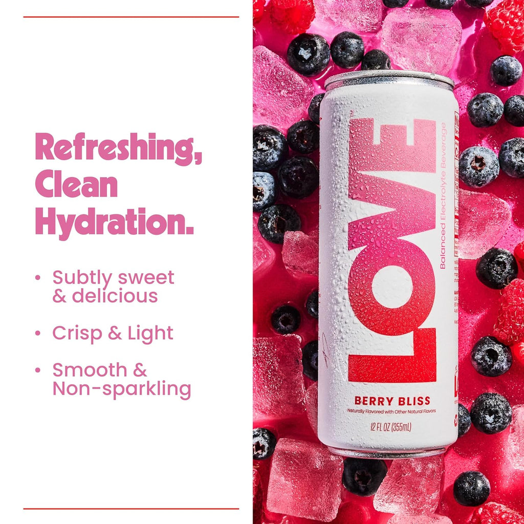 Be LOVE Balanced Electrolyte Beverage with Magnesium, Potassium & Sodium - Purified Still Beverage for Daily Hydration, Exercise, Work & Wellness- Zero Sugar, Gluten Free (Berry Bliss, 12oz x 12ct)