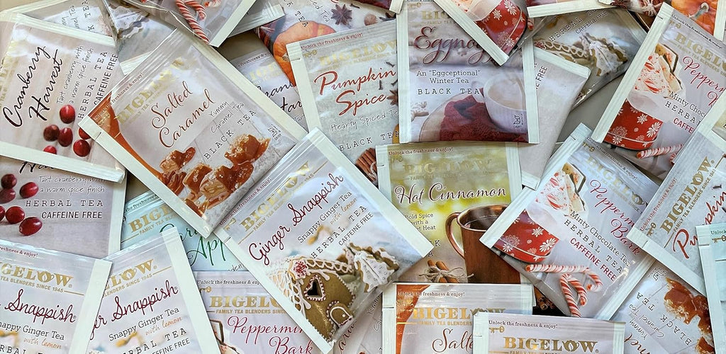 Bigelow Tea Seasonal Tea 6 Flavor Variety Pack, Mixed Caffeinated and Caffeine Free, 18 Count Pack of 6, 108 Total Tea Bags (Flavors May Vary)
