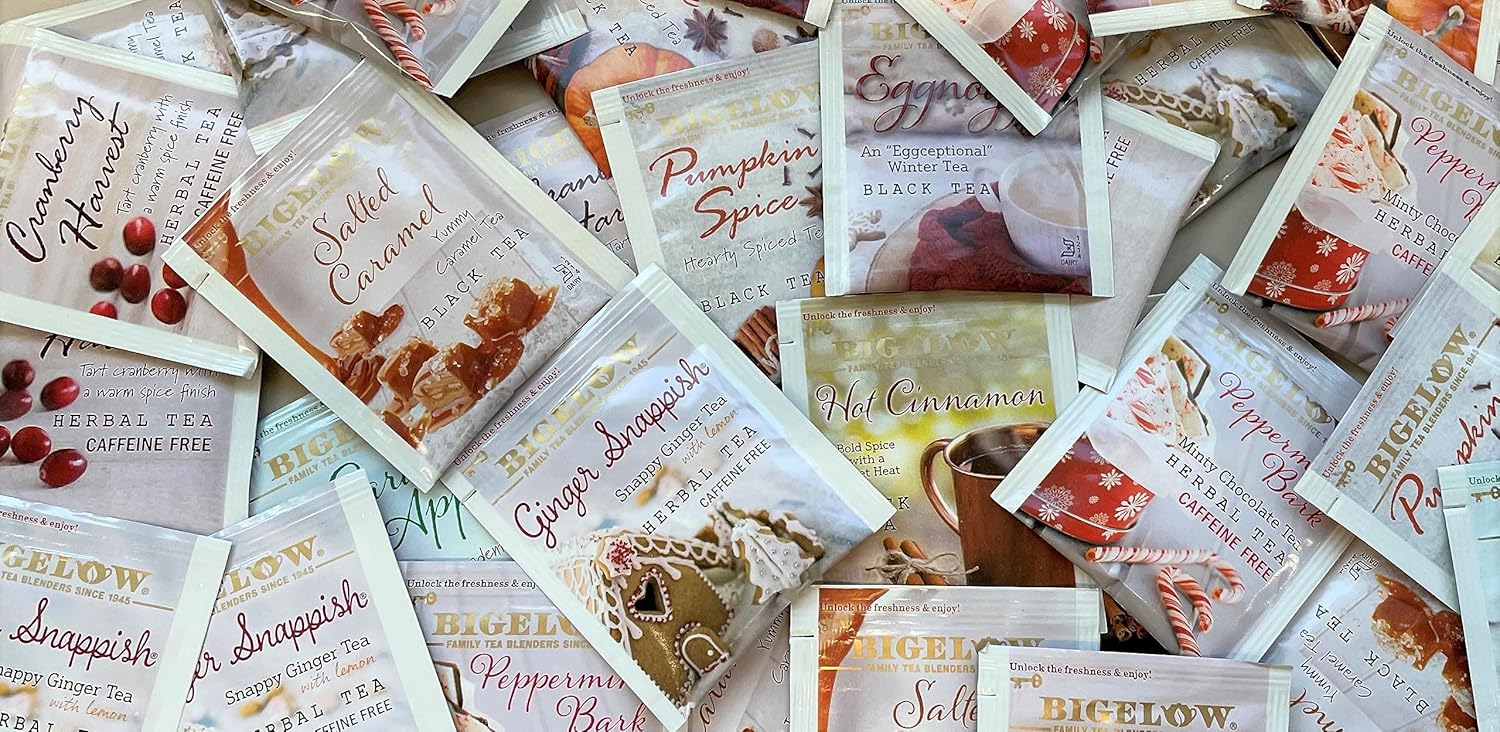 Bigelow Tea Seasonal Tea 6 Flavor Variety Pack, Mixed Caffeinated and Caffeine Free, 18 Count Pack of 6, 108 Total Tea Bags (Flavors May Vary)