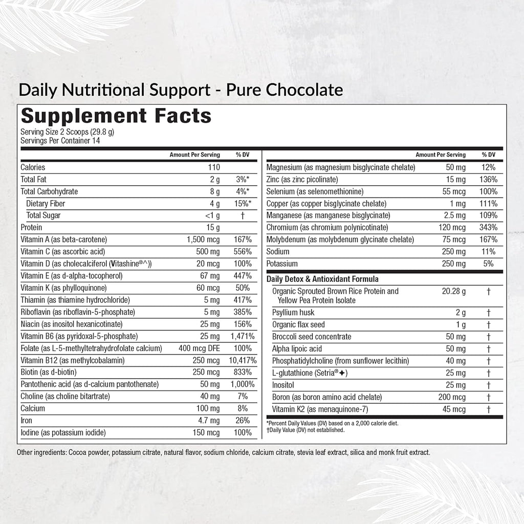 Equilife Daily Nutritional Support, All-in-One Multivitamin Meal Replacement, Pure Chocolate Flavor, 15G Plant Protein, Supports Overall Wellness Including Energy, Digestion, & Skin, 14 Servings