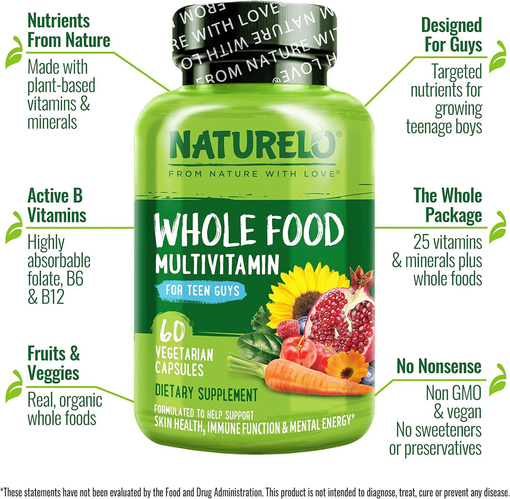 NATURELO Teen Multivitamin - Whole Food Multivitamin for Teenage Boys - Minerals Supplement for Active Kids - with Plant Extracts - Non-GMO - Vegan & Vegetarian - 60 Capsules (Pack of 2)