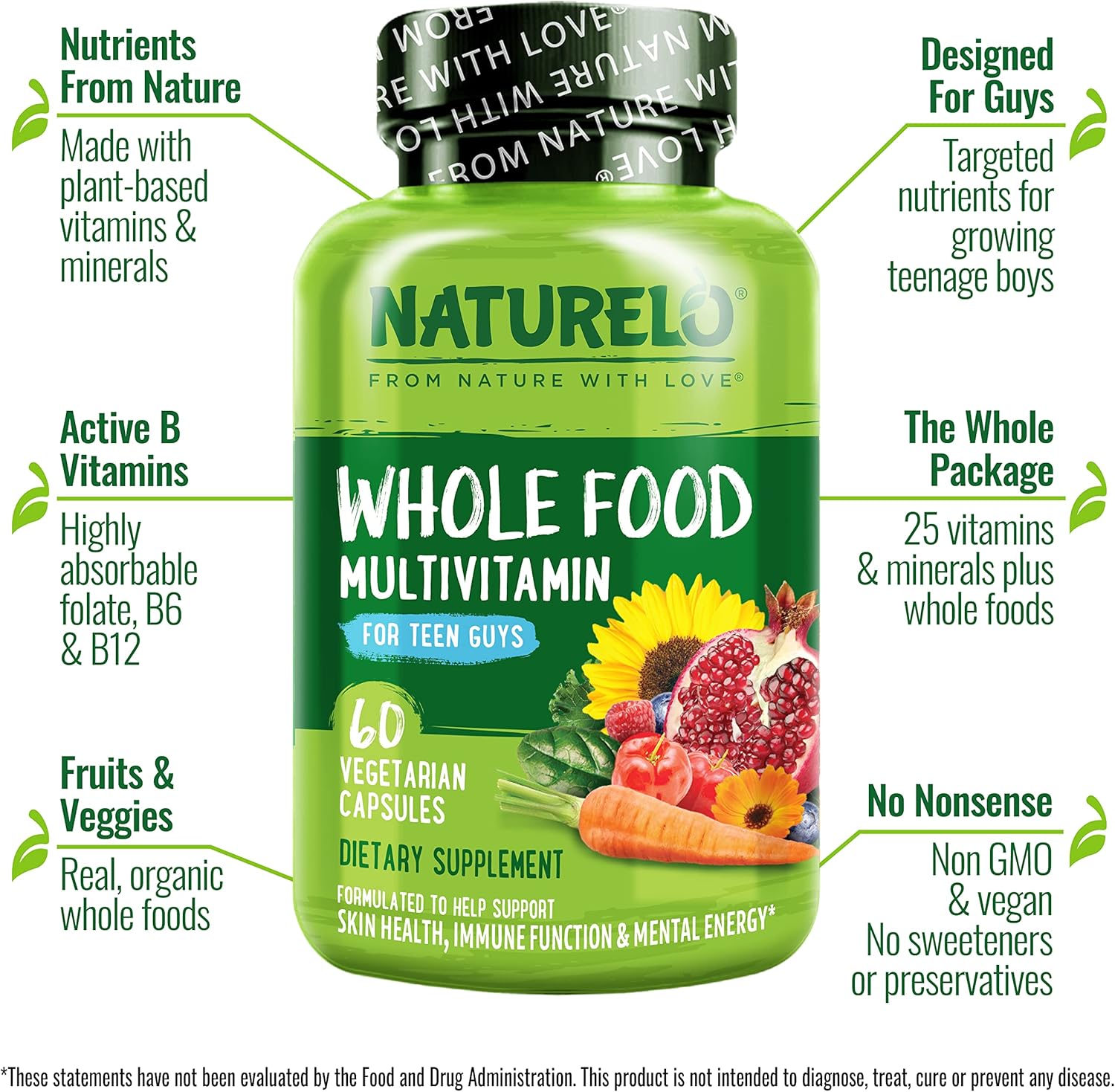 NATURELO Teen Multivitamin - Whole Food Multivitamin for Teenage Boys - Minerals Supplement for Active Kids - with Plant Extracts - Non-GMO - Vegan & Vegetarian - 60 Capsules (Pack of 2)