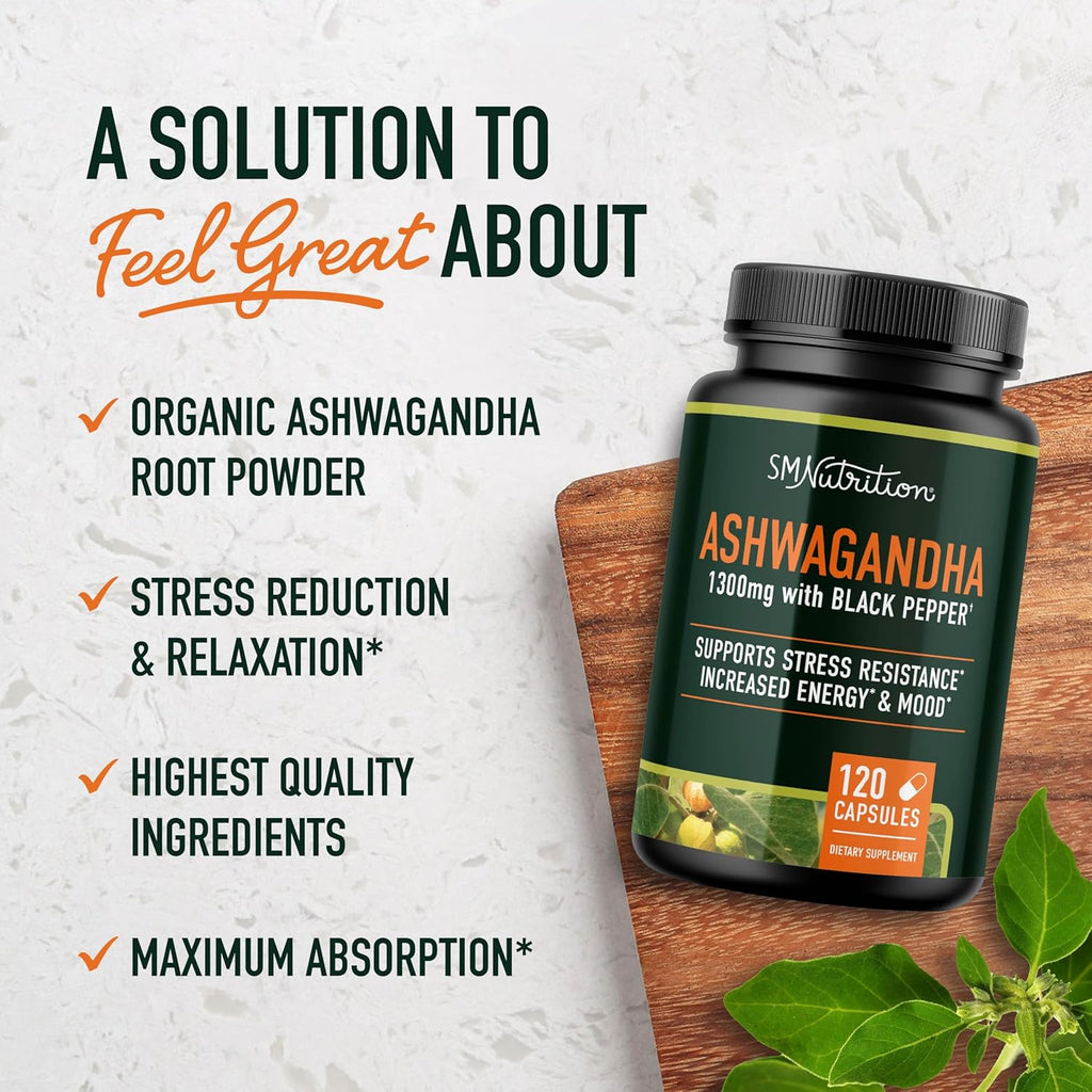 Ashwagandha Supplement 1300mg for Stress Resistance & Energy Boost | High Absorption Adaptogen from Root Powder with Black Pepper | Stress-Related Fatigue Support | Non-GMO | 120ct, 2-Month Supply
