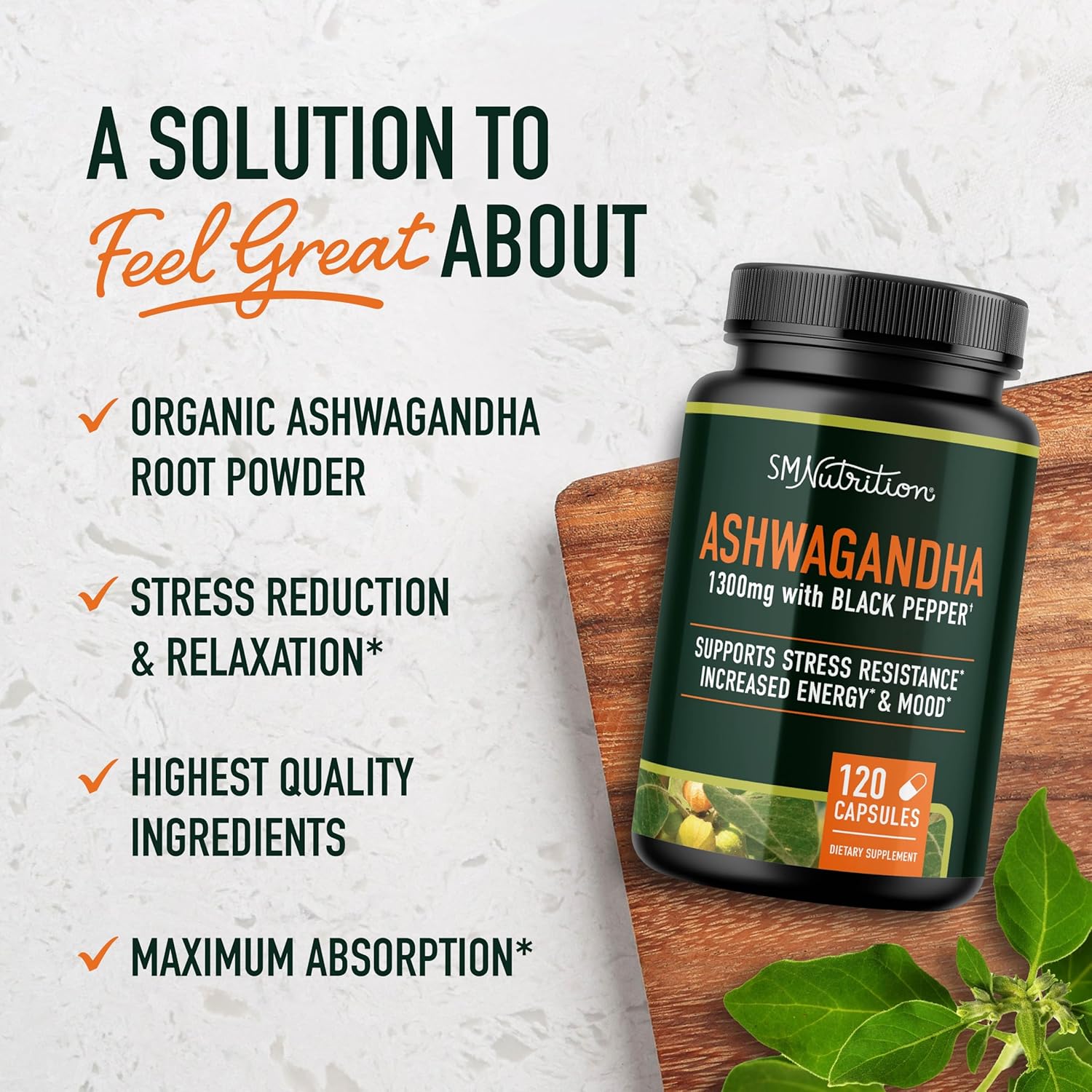 Ashwagandha Supplement 1300mg for Stress Resistance & Energy Boost | High Absorption Adaptogen from Root Powder with Black Pepper | Stress-Related Fatigue Support | Non-GMO | 120ct, 2-Month Supply