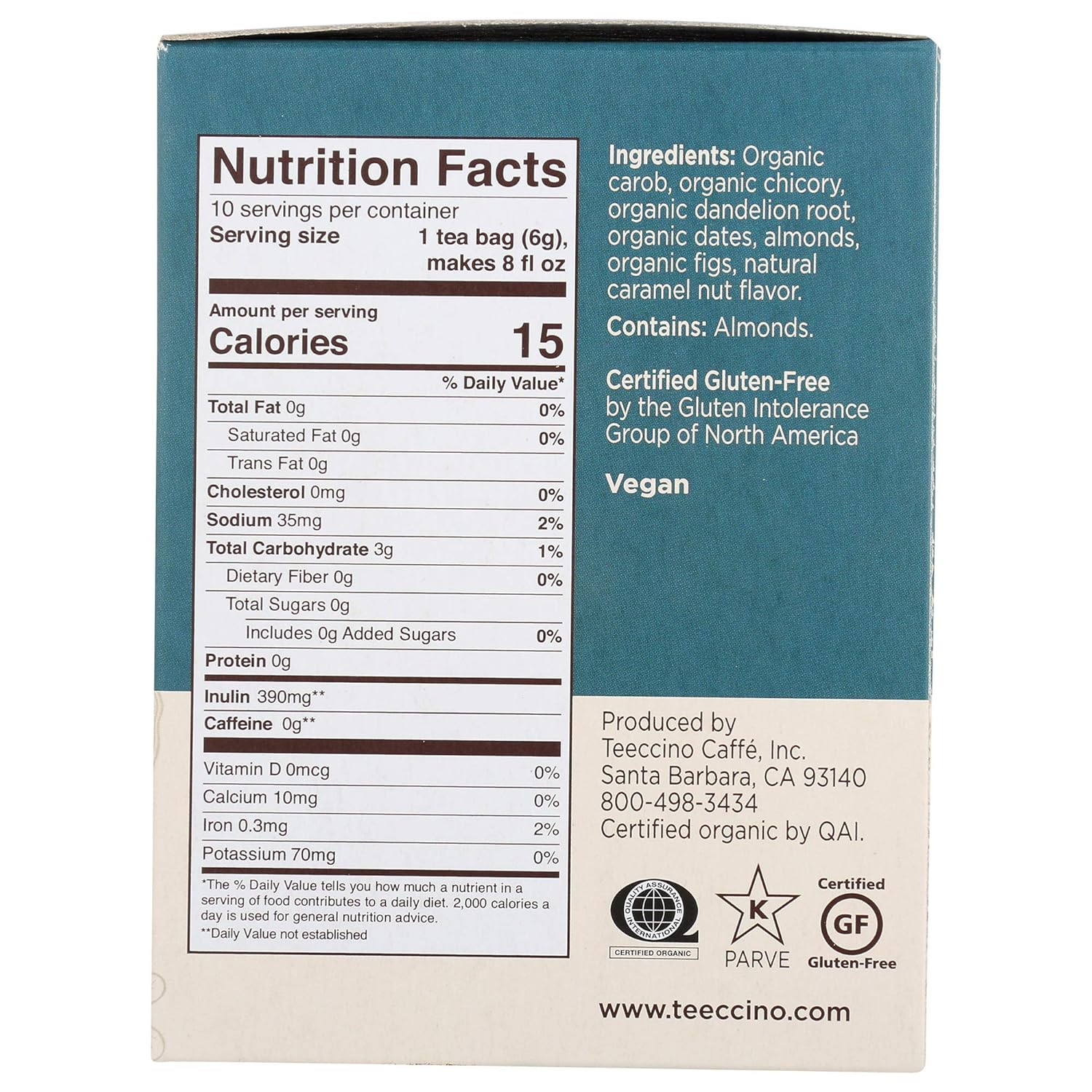 Teeccino Dandelion Caramel Nut Tea - Caffeine Free, Roasted Herbal Tea with Prebiotics, 3x More Herbs than Regular Tea Bags, Gluten Free - 10 Tea Bags (Pack of 4)