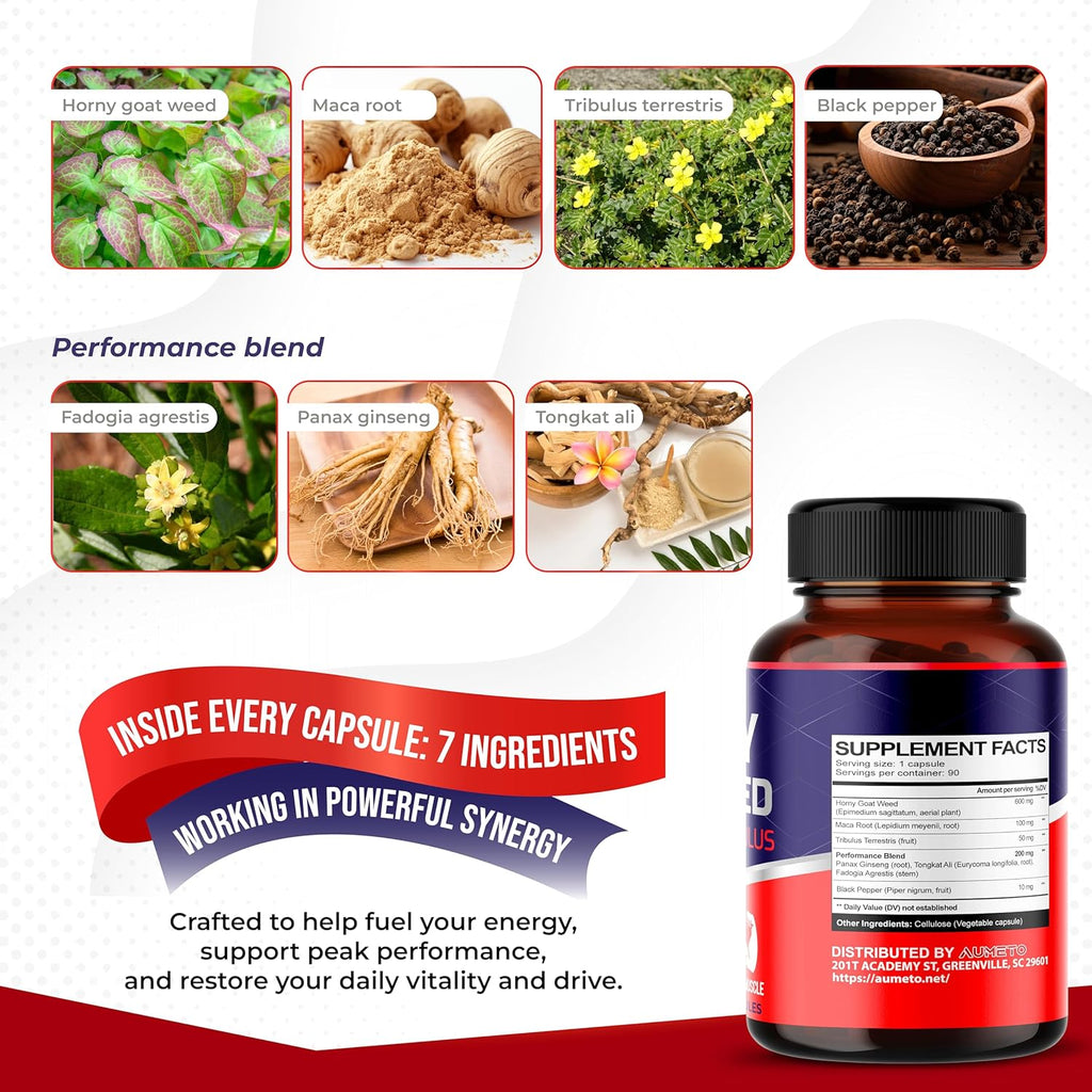 Horny Goat Weed Supplement with L-Arginine Tribulus Terrestris Maca Root Tongkat Ali - Male Energy, Strength and Memory Support (90 Count (Pack of 1))