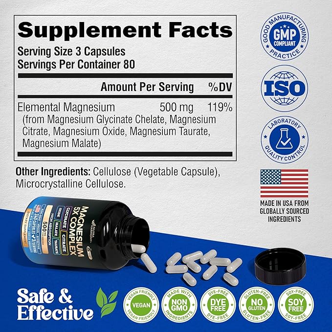 Magnesium Supplement - 5 in 1 Complex 500 mg | Glycinate | Citrate | Malate | Taurate | Oxide - Made in USA - Stress, Muscle & Heart Support - Vegan, Natural, Non-GMO - 240 Capsules