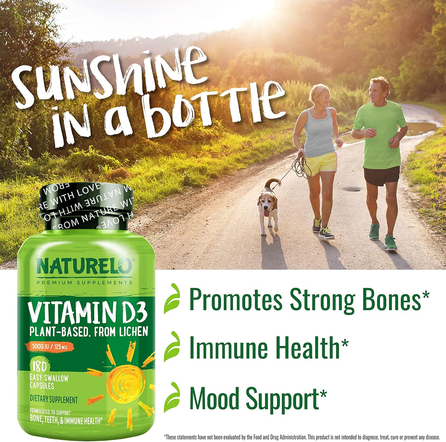 NATURELO Vitamin D - 5000 IU - Plant Based from Lichen - Natural D3 Supplement for Immune System, Bone Support, Joint Health - High Potency - Vegan - Non-GMO - Gluten Free - 180 Capsules (Pack of 2)
