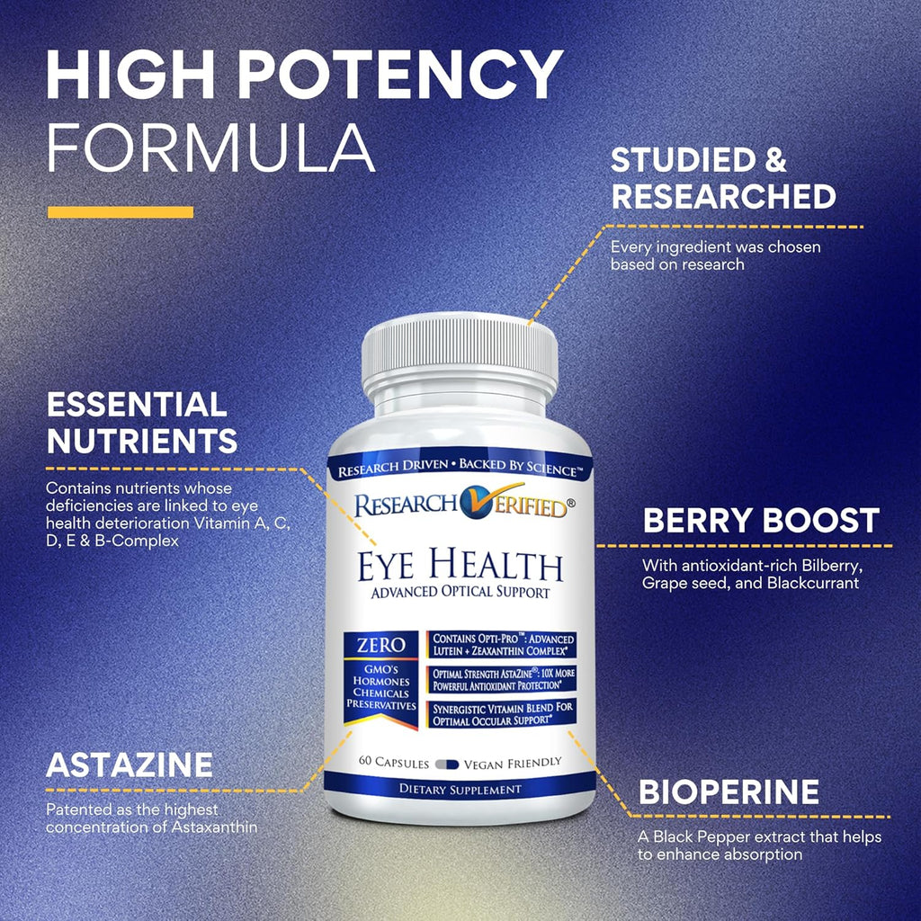 Research Verified Eye Health - Nourish and Protect Eyes and Vision, Support Healthy Retina, Improve Blood Supply to Eyes - Vitamins A, B, C, and E - 60 Capsules - Made in The USA